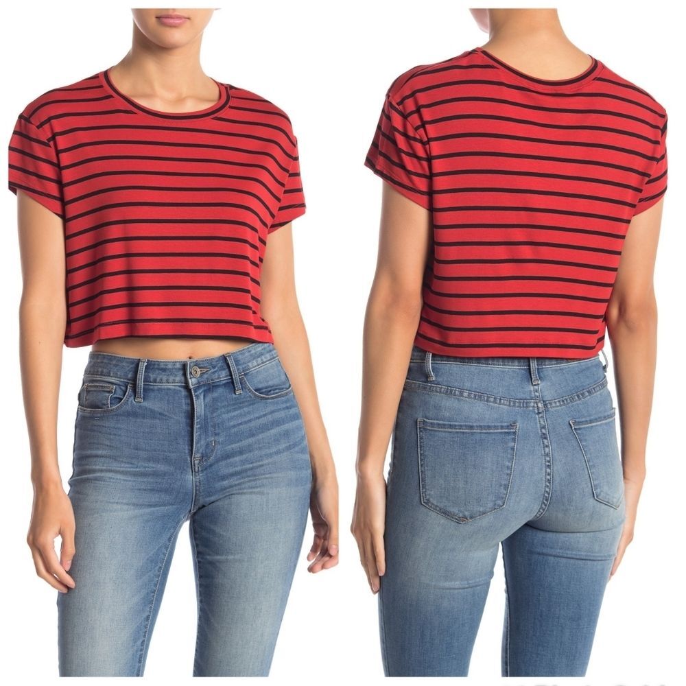NWT|Splendid Red Striped Short Sleeve Crop Top, MEDIUM